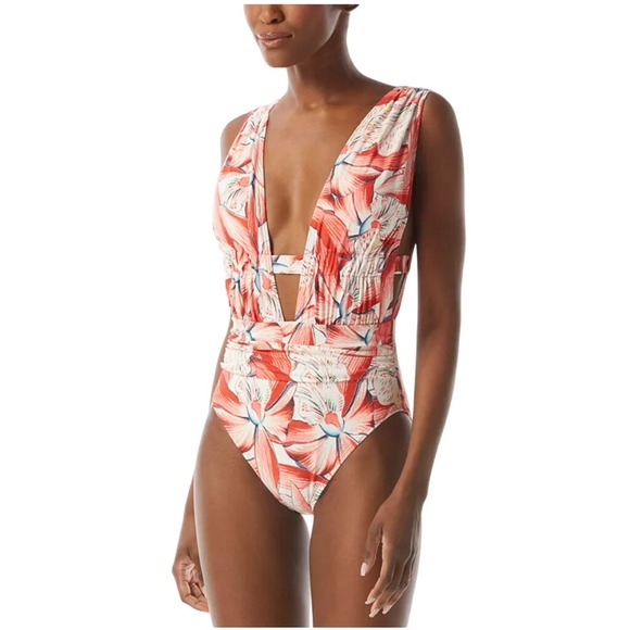 CARMEN MARC VALVO Printed Plunge-Neck Ruched One-Piece Swimsuit NWT 6 - Picture 1 of 7